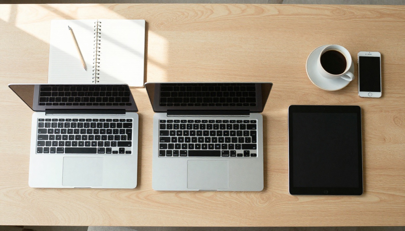 Flat lay of a laptop, smartphone and tablet side by side on an oak desk, three devices that can all reach the same MCP tools
