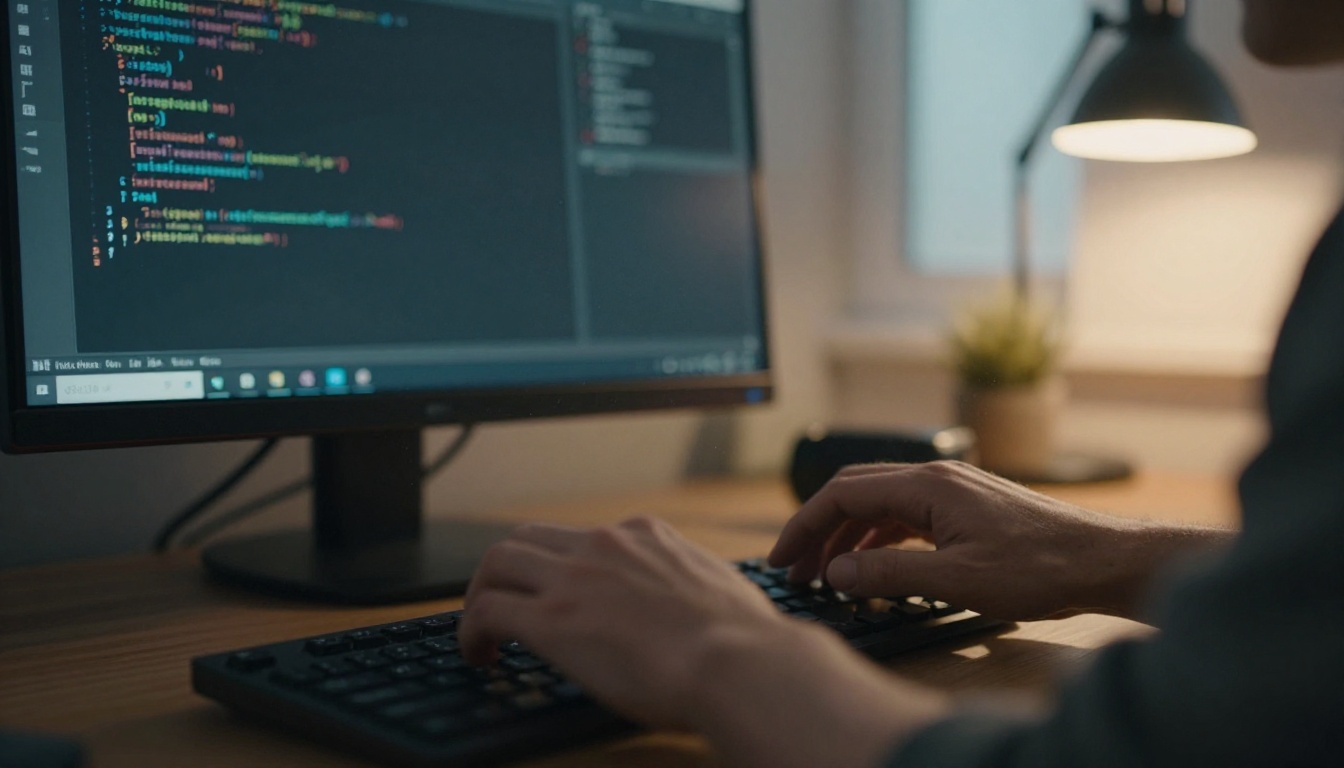 Over-the-shoulder view of a developer typing in a dark terminal window in a warm evening room