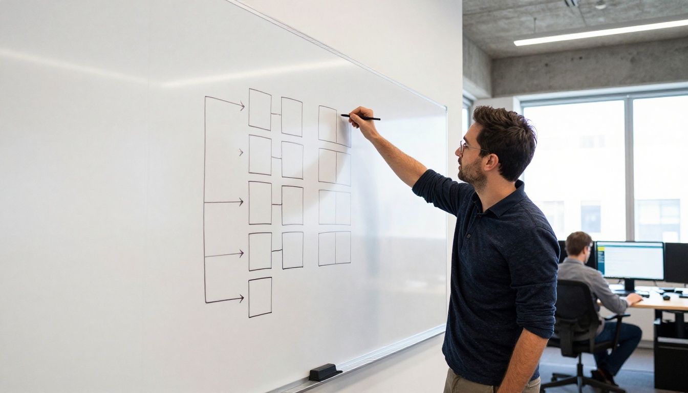 A developer beside a whiteboard of hand-drawn boxes and arrows while a colleague works at a dual-monitor desk