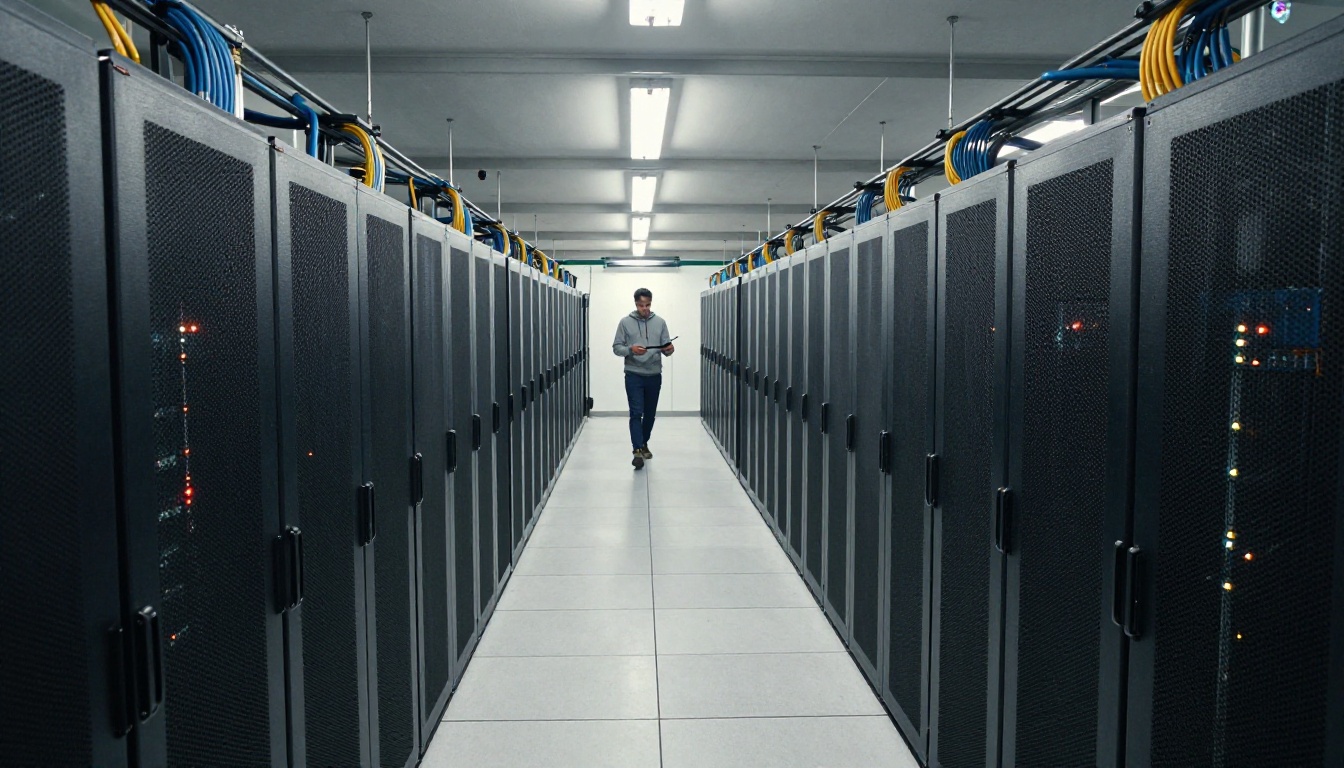 Aerial view down a long aisle of black server racks in a clean data center