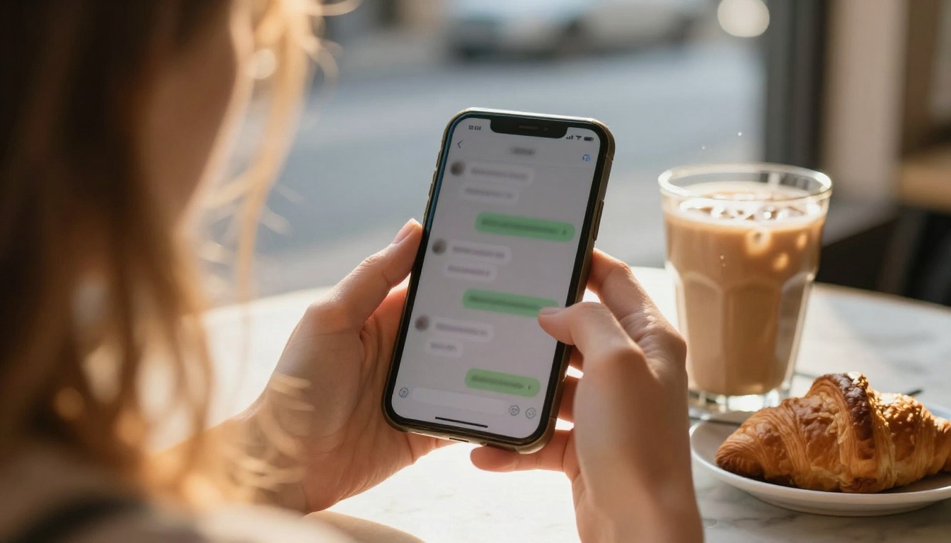 Hands holding a smartphone at a sunlit cafe table with a blurred chat conversation on screen