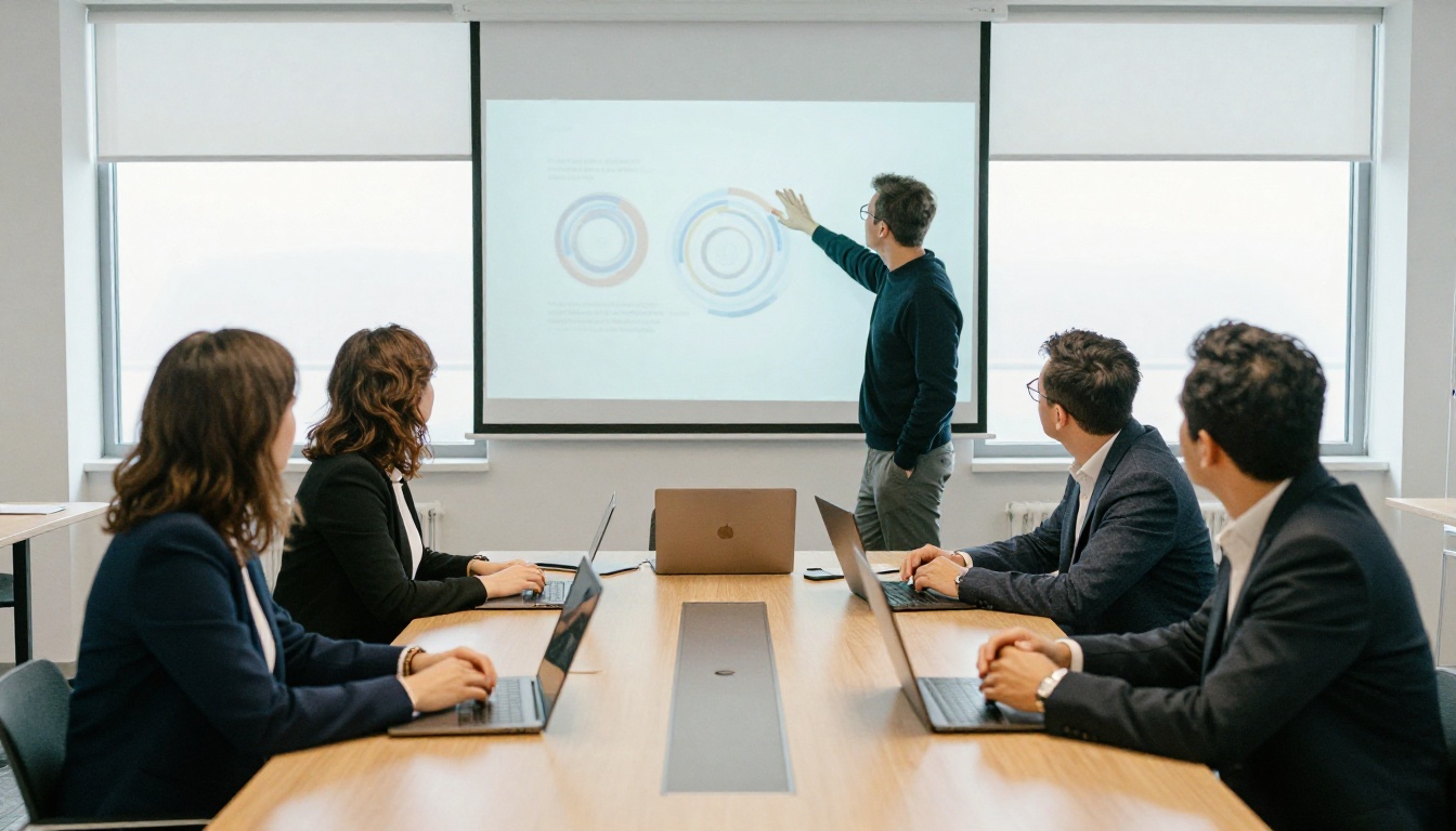 Five colleagues around a long table in a bright meeting room with laptops open