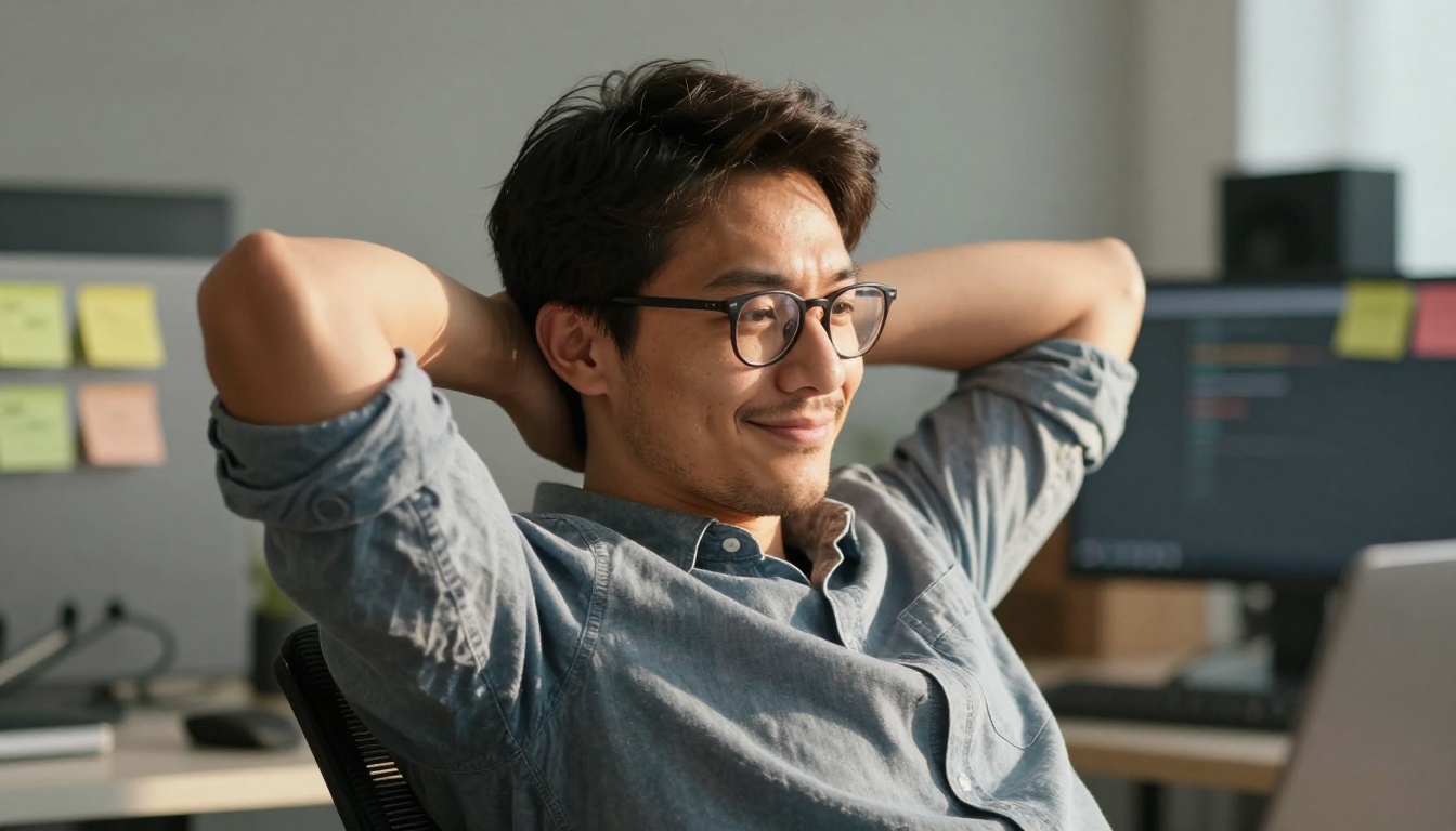 A developer leaning back in an office chair with hands behind the head, looking puzzled at a laptop