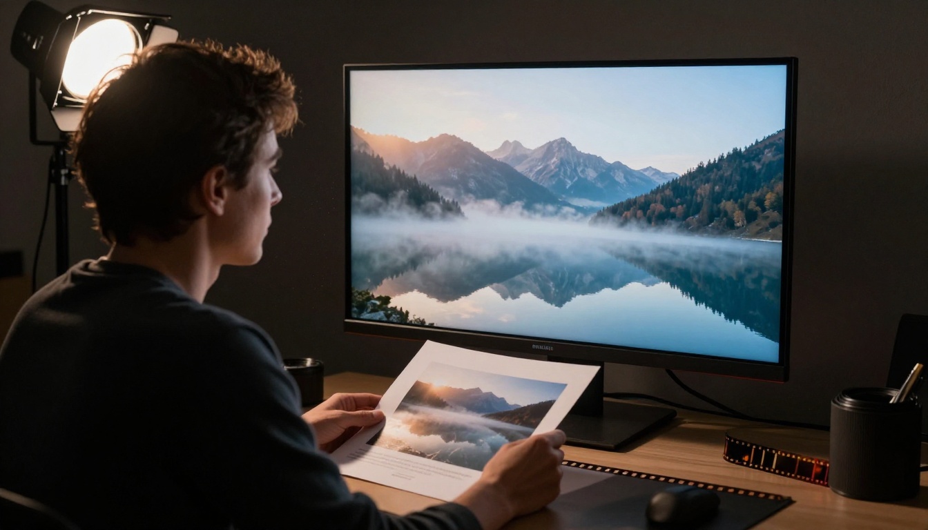 A creative director studying a monitor with a misty mountain lake photograph next to printed proofs