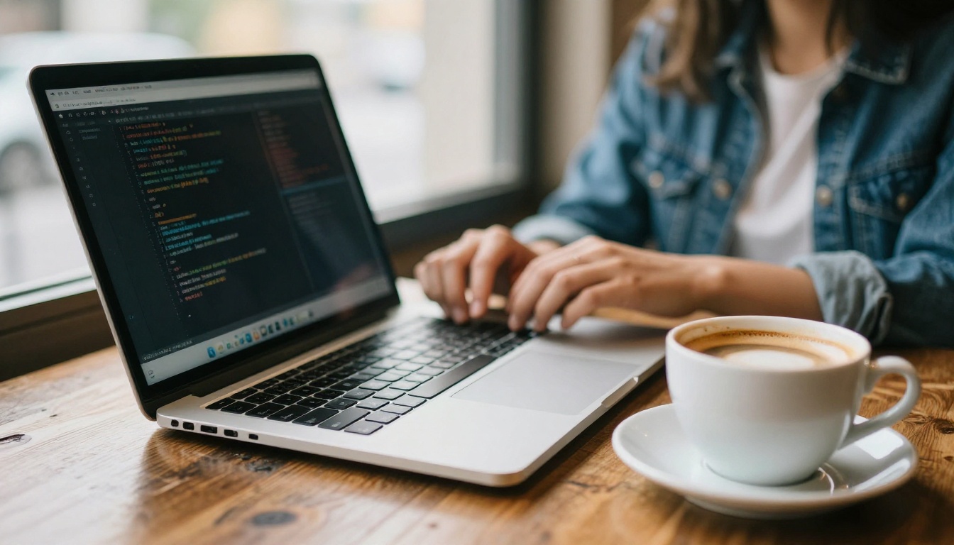 Laptop on a cafe table showing a dark code window, a typical macOS setup for editing the MCP config