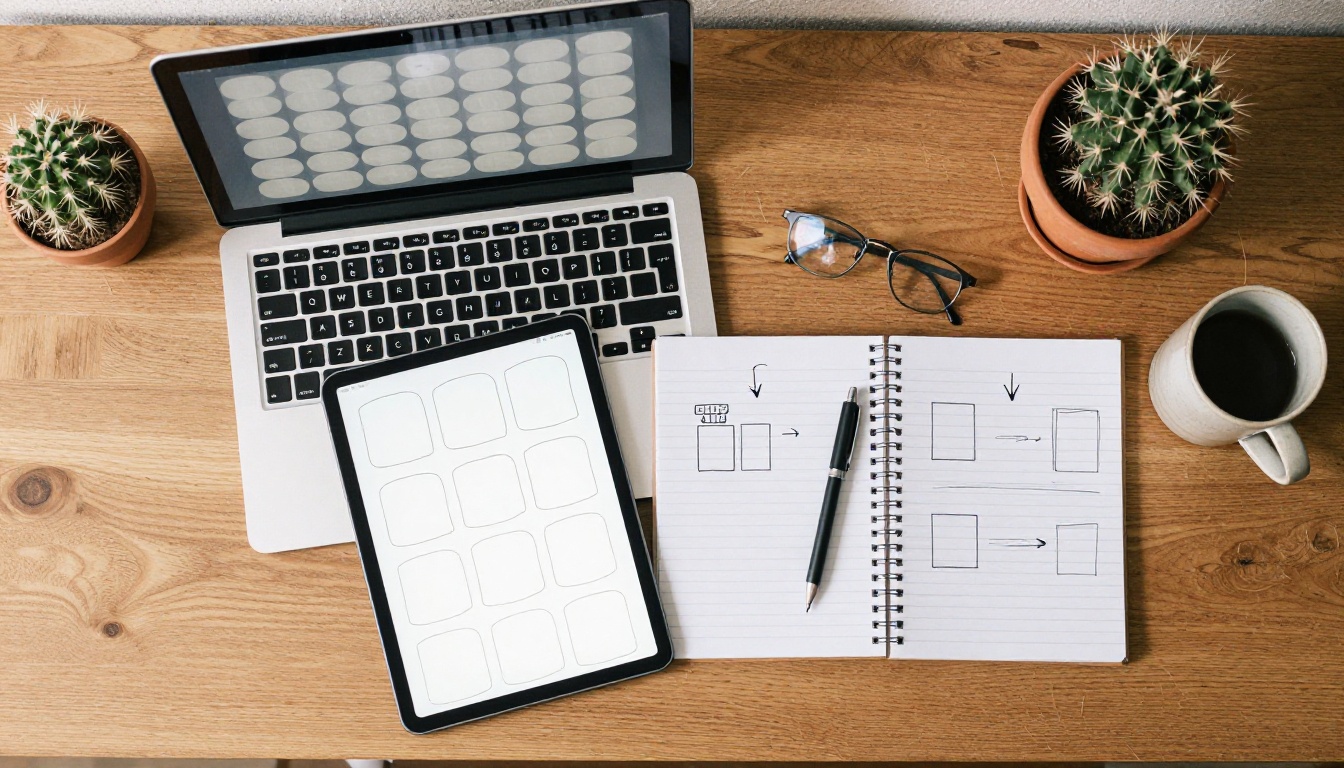 Desk with a laptop and a tablet showing a grid of blank tiles, like a store of MCP servers