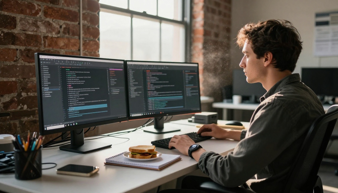 Developer at a desk with two monitors editing mcp_config.json server entries