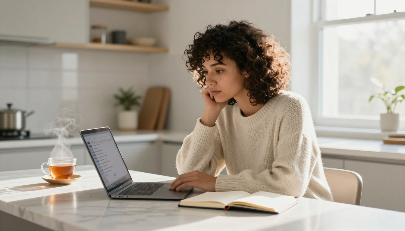 Woman reading an AI chat reply on a laptop while debugging a JSON config
