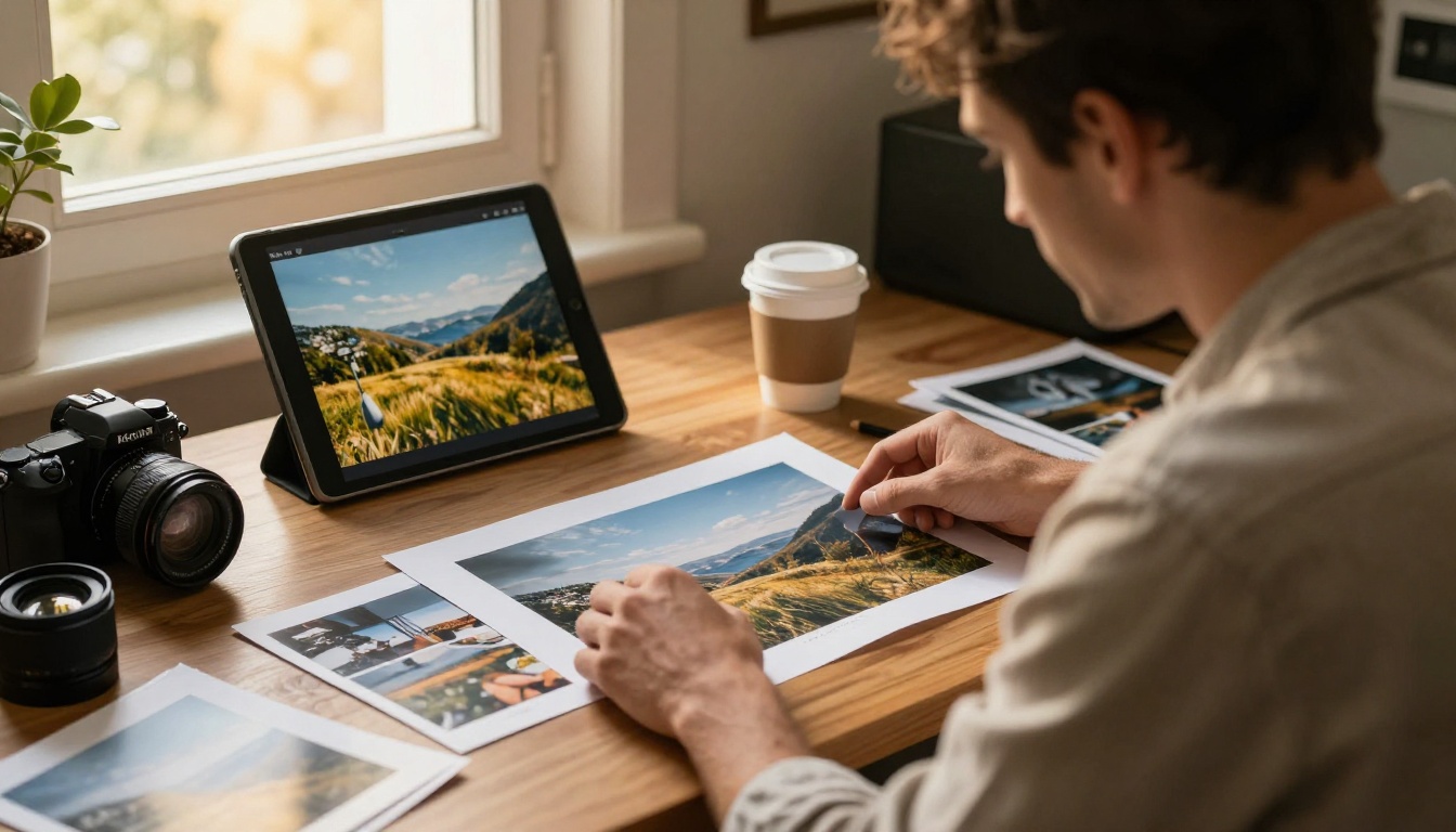 Photographer reviewing a printed photo beside a tablet in a sunlit studio