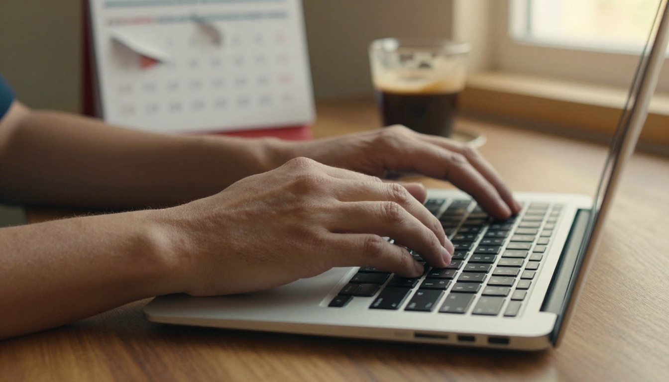 A person's hands resting on a laptop at a walnut desk in late afternoon light