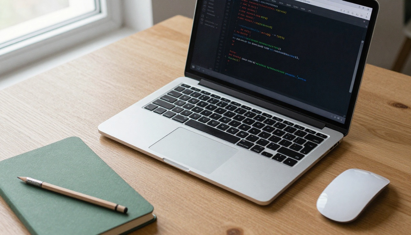 Top-down view of an open laptop with a code editor on a light oak desk