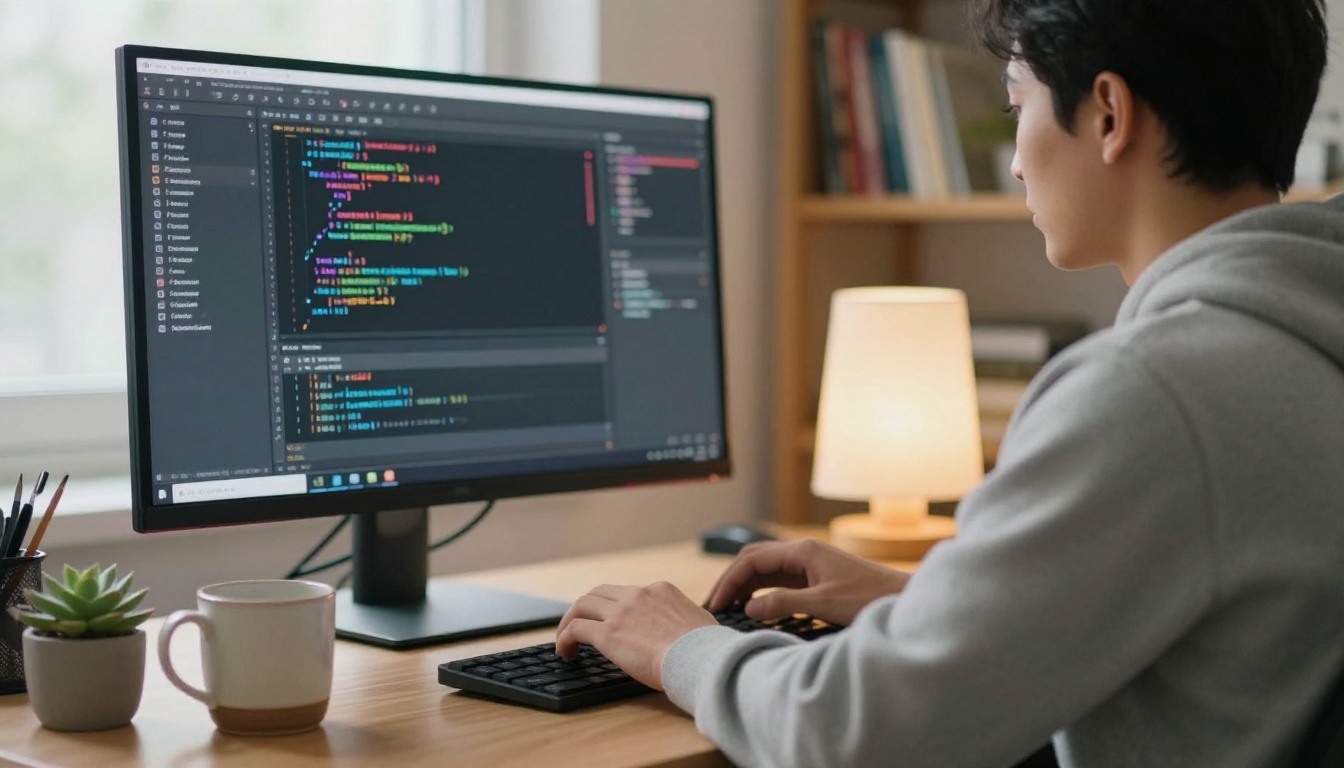 Over-the-shoulder view of a developer editing a configuration file on a large monitor