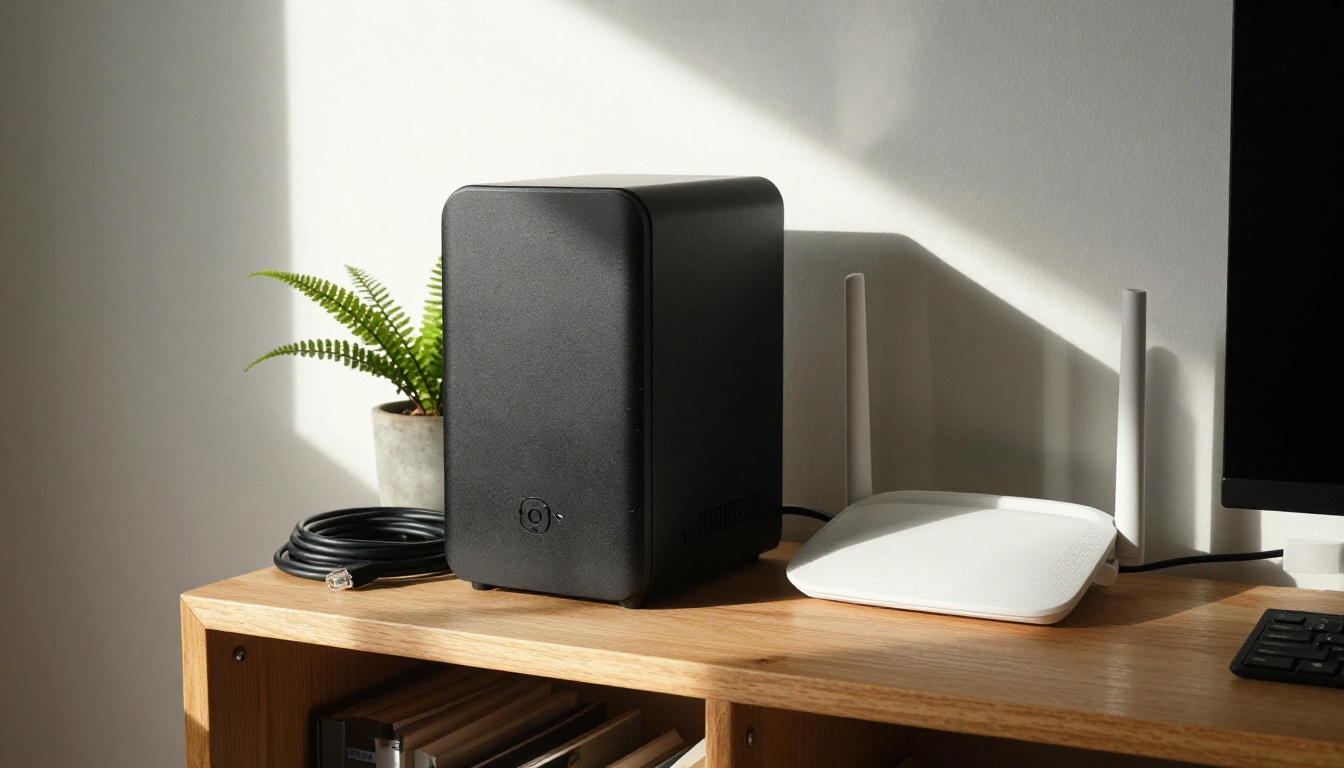 A compact mini PC and a router on a wooden shelf in a home office corner