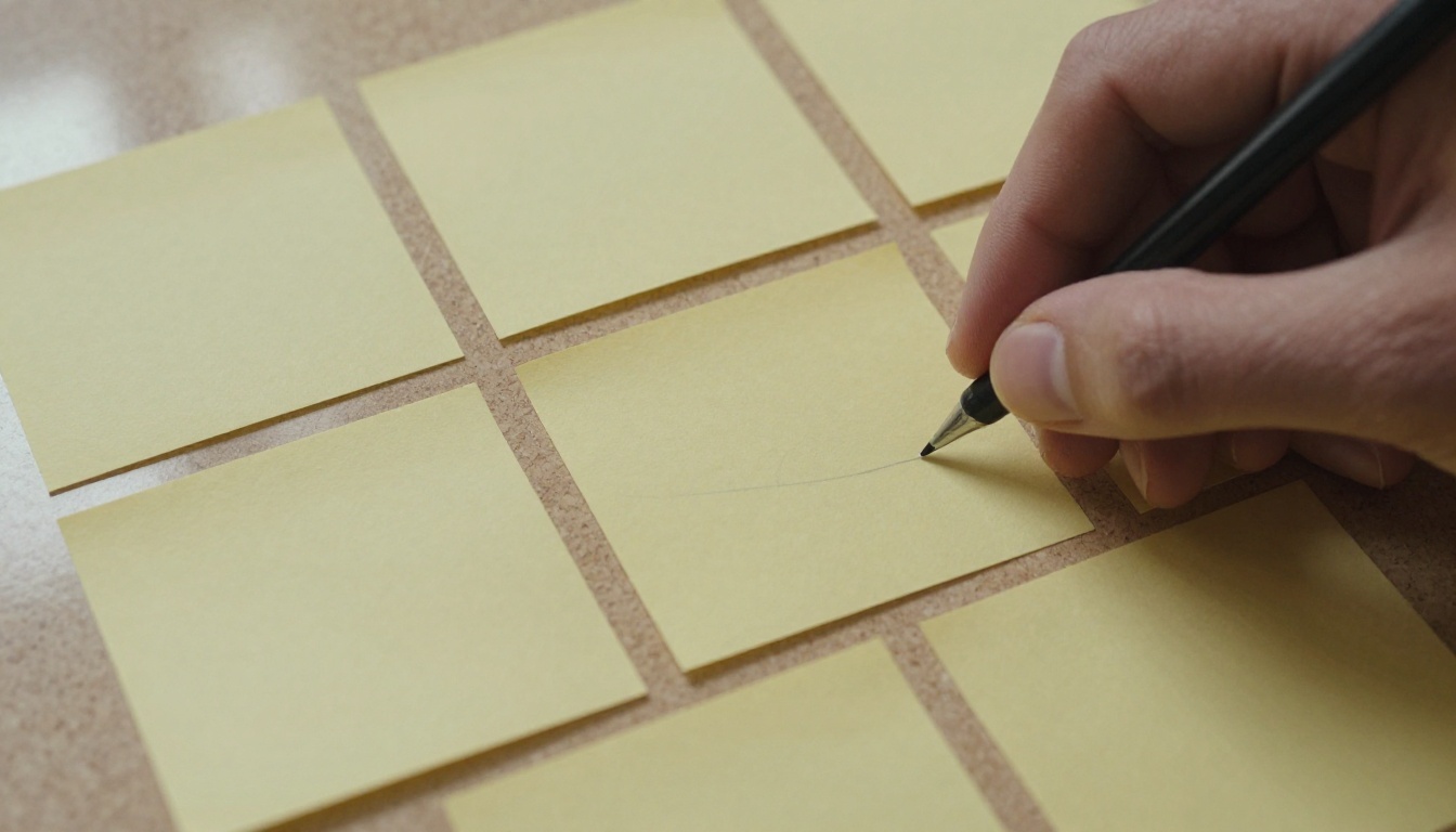A hand placing a sticky note onto index cards pinned to a cork board