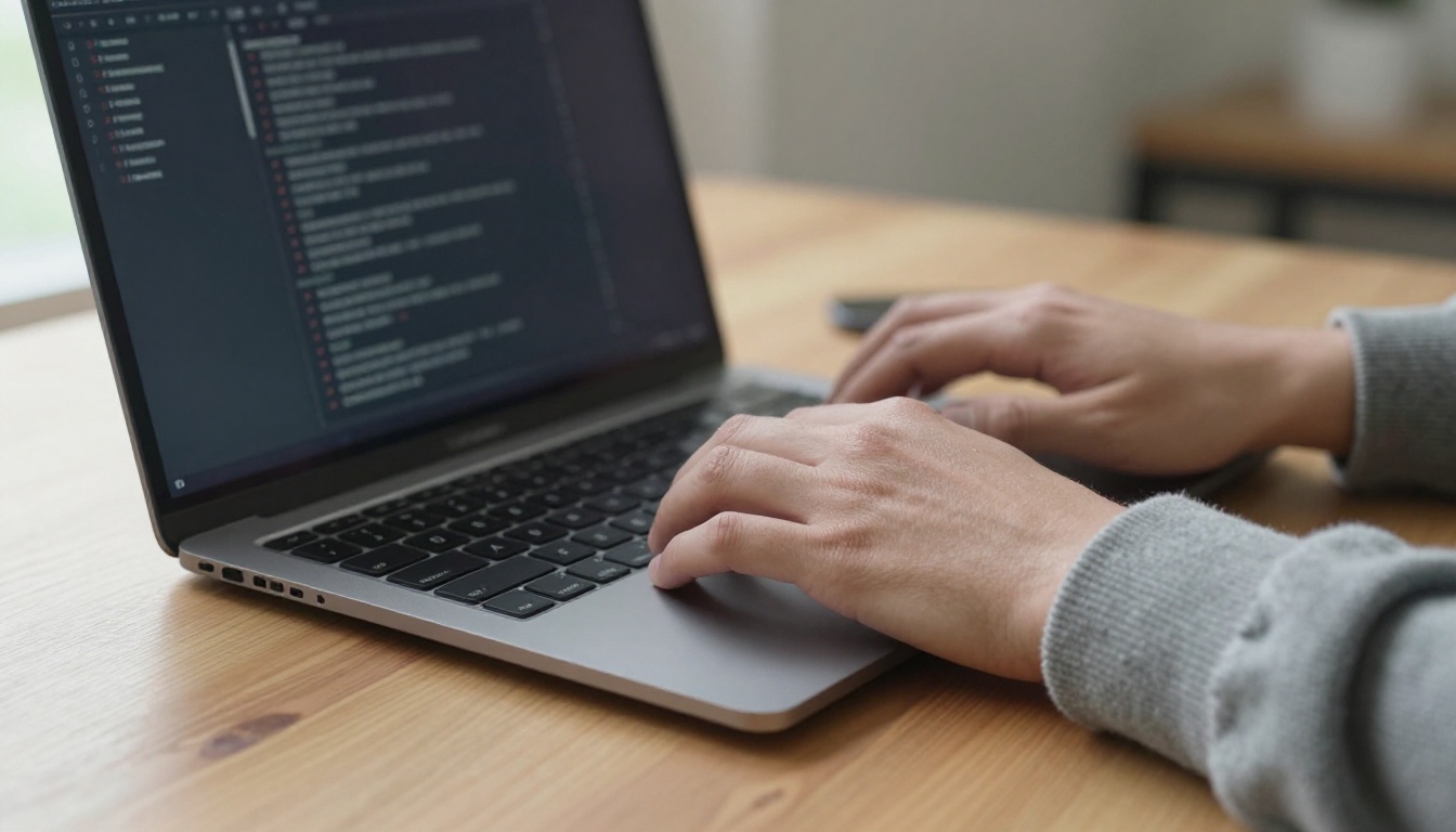 Developer typing at a wooden desk beside a laptop running a dark terminal