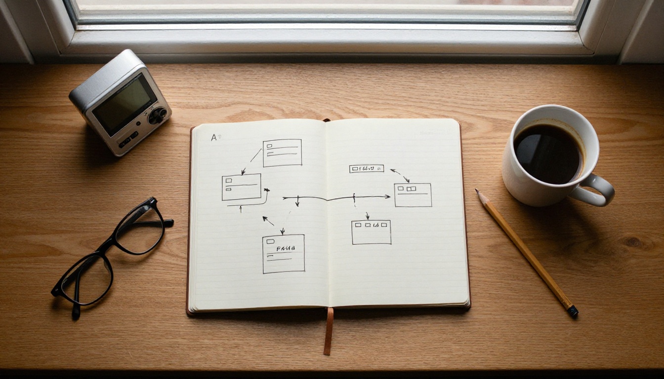 Overhead view of a desk with a notebook diagram, a mini computer and a cup of coffee