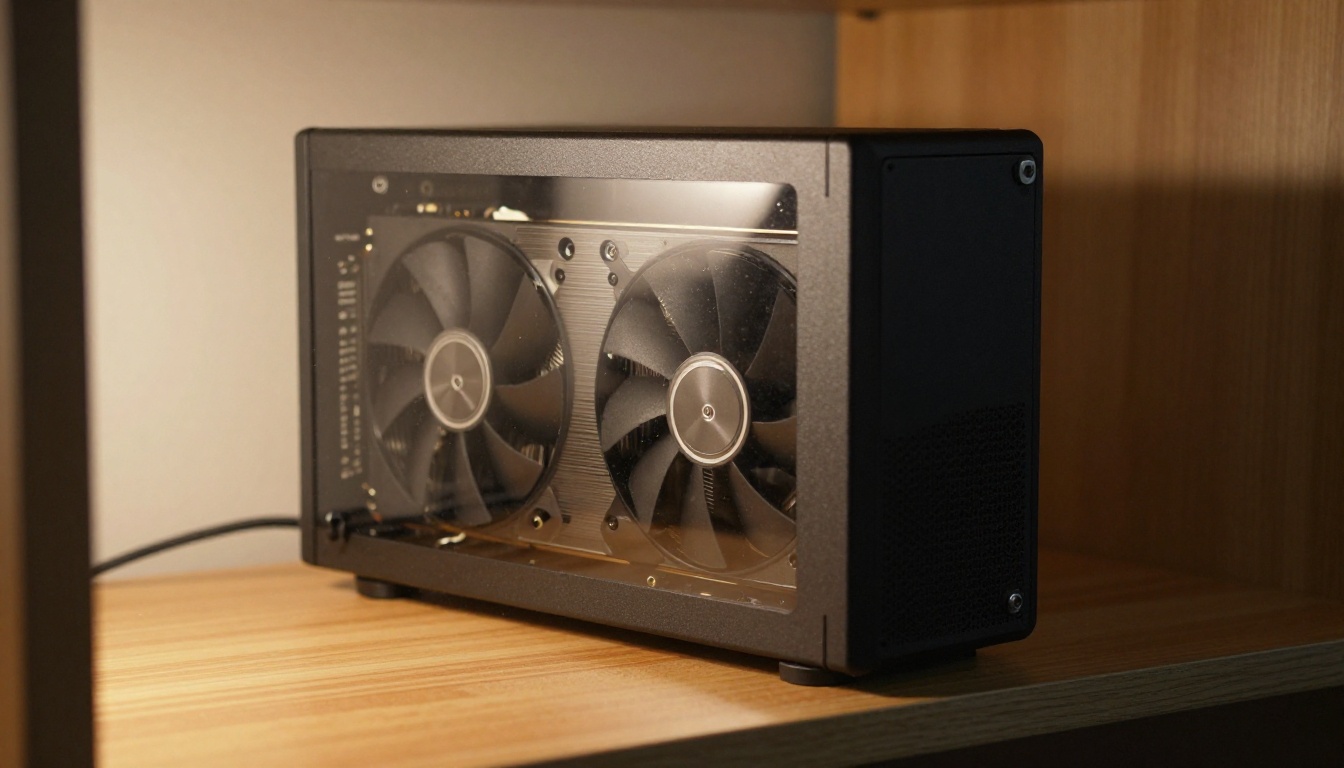 Low-angle view of a compact black computer tower with a large graphics card behind glass