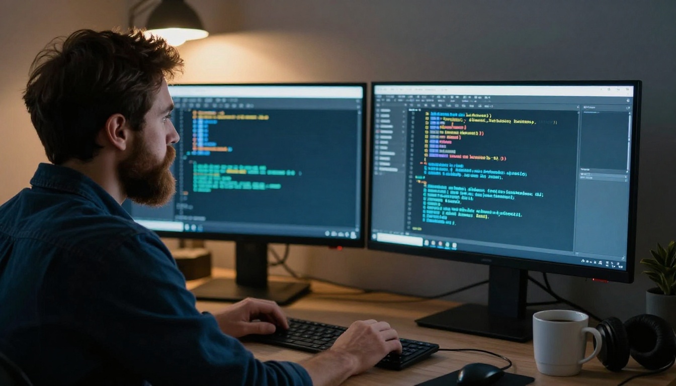 Over-the-shoulder view of a developer studying two monitors in a dim home office