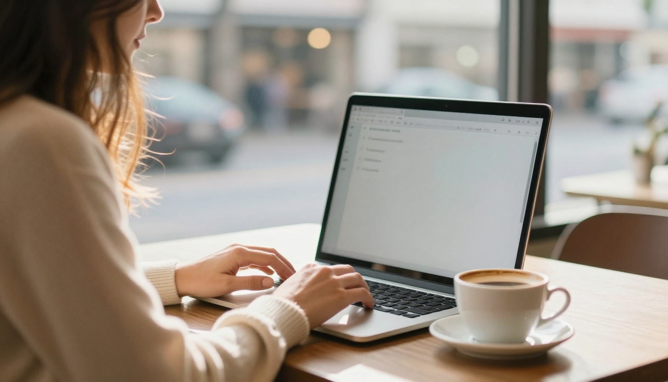 A woman typing on a laptop at a sunlit cafe window table
