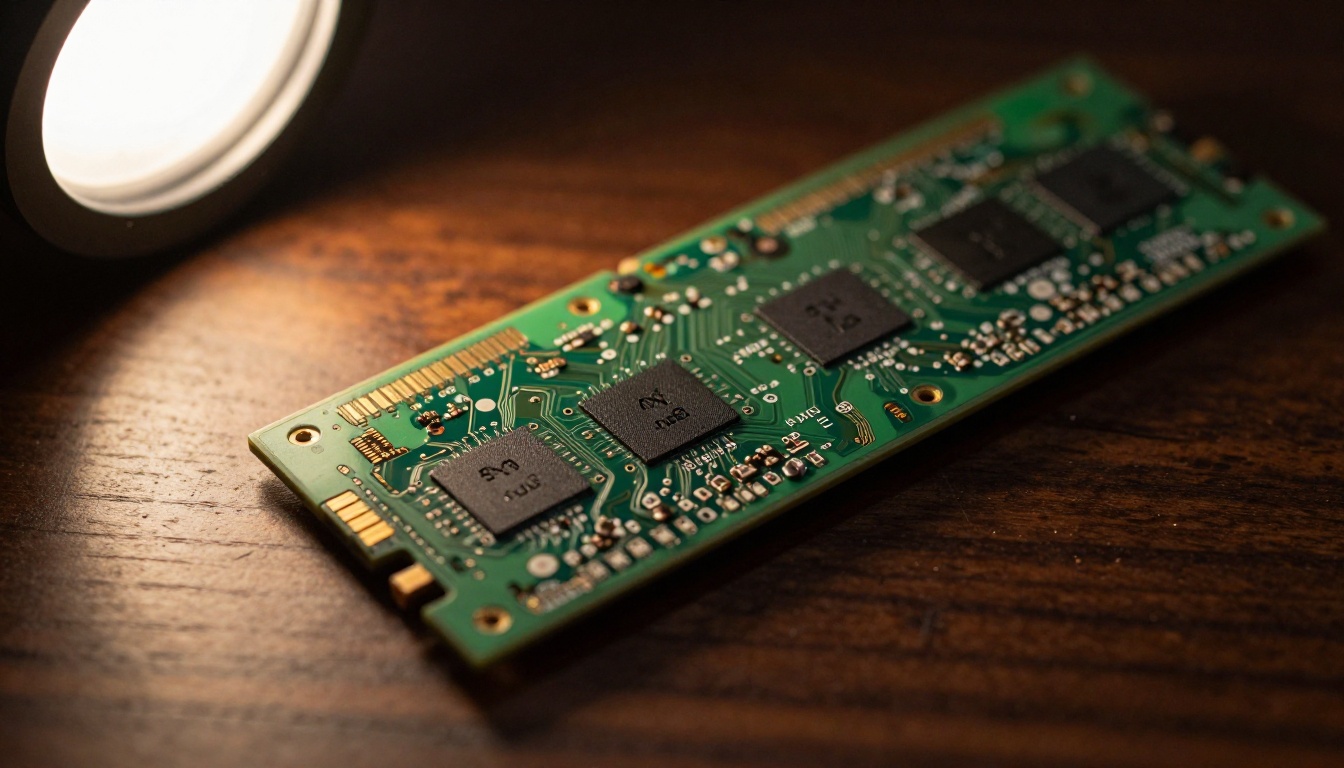 Macro shot of an NVMe drive and two memory modules on a dark walnut desk