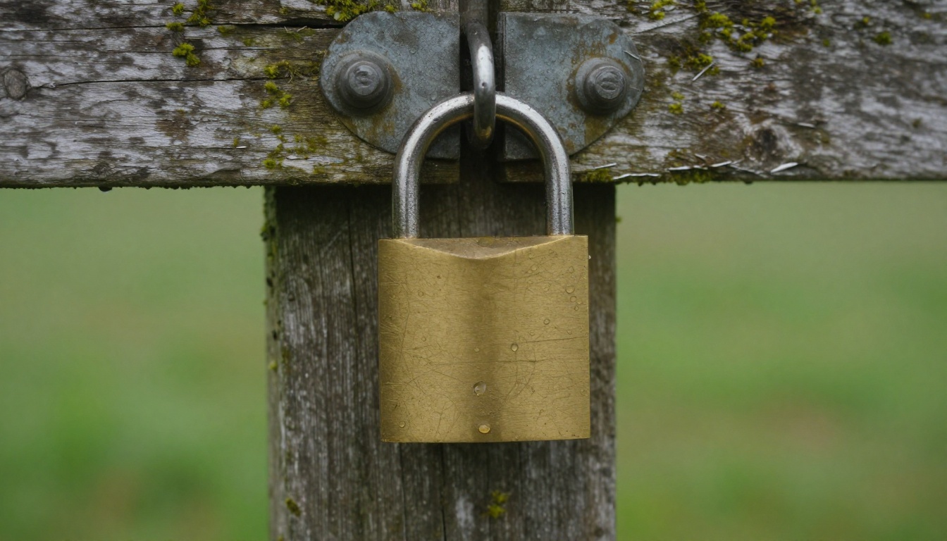 A worn brass padlock hanging on a weathered wooden gate