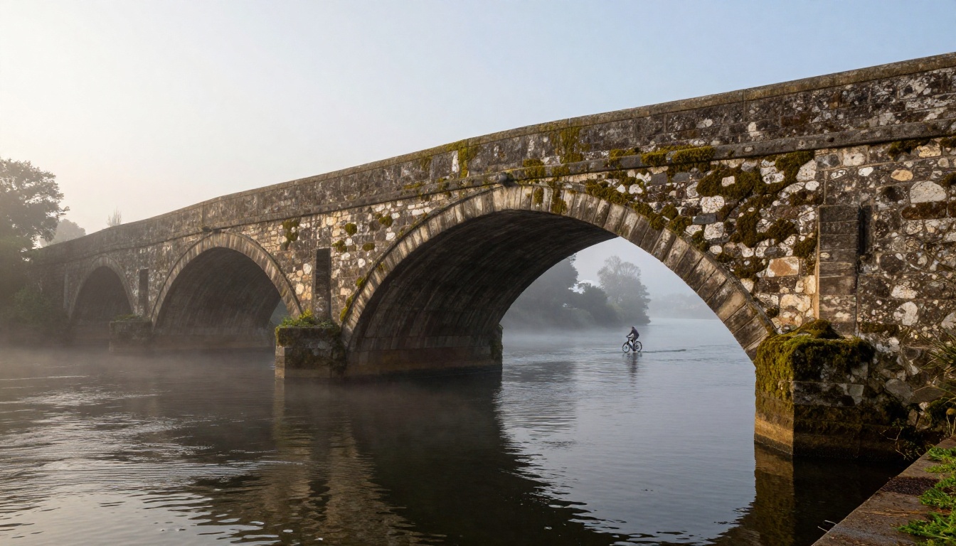 Low-angle view of a mossy stone arch bridge crossing a misty river at dawn