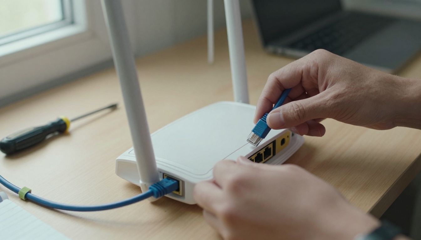 Hands plugging a blue ethernet cable into the back of a white router