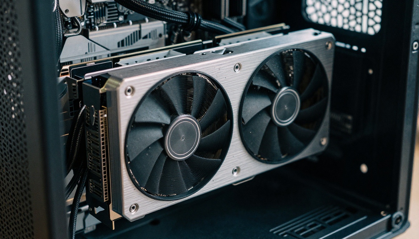 Extreme close-up of a graphics card with two black fans installed inside an open PC case
