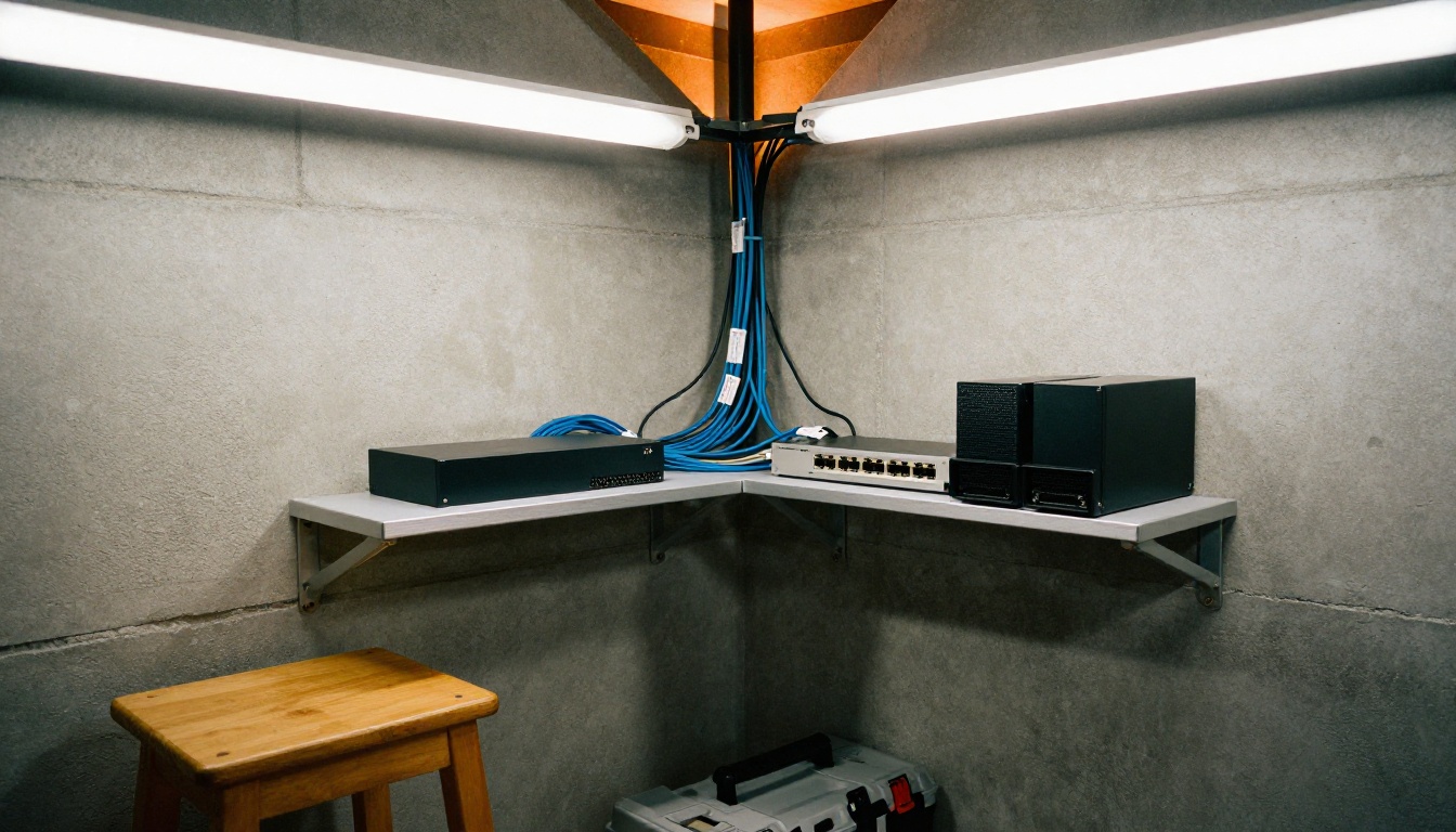 Wall-mounted home lab rack with a network switch, two compact servers and bundled blue cables