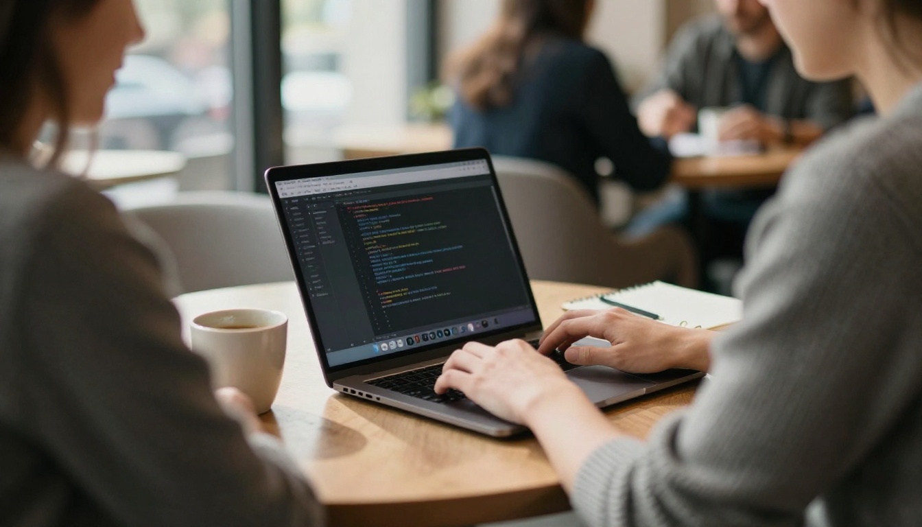 Over-the-shoulder view of a developer typing on a laptop at a sunlit cafe table