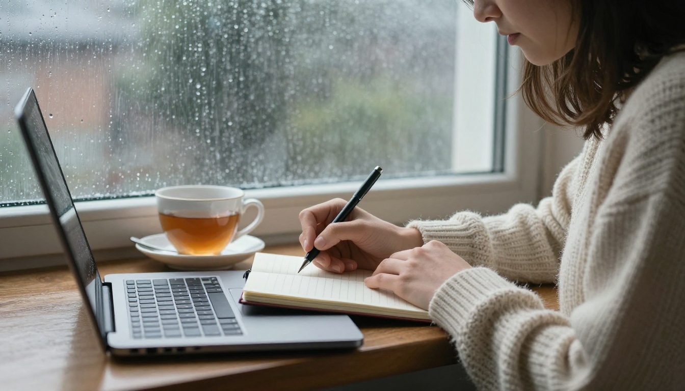 Woman in a cream sweater writing notes beside a laptop at a rainy window