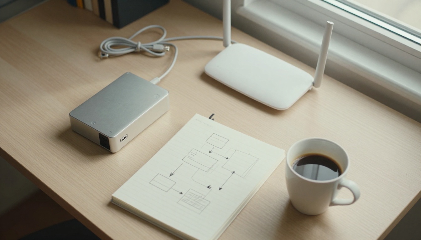 Top-down view of a small silver mini PC, router, and notebook sketches on an oak desk