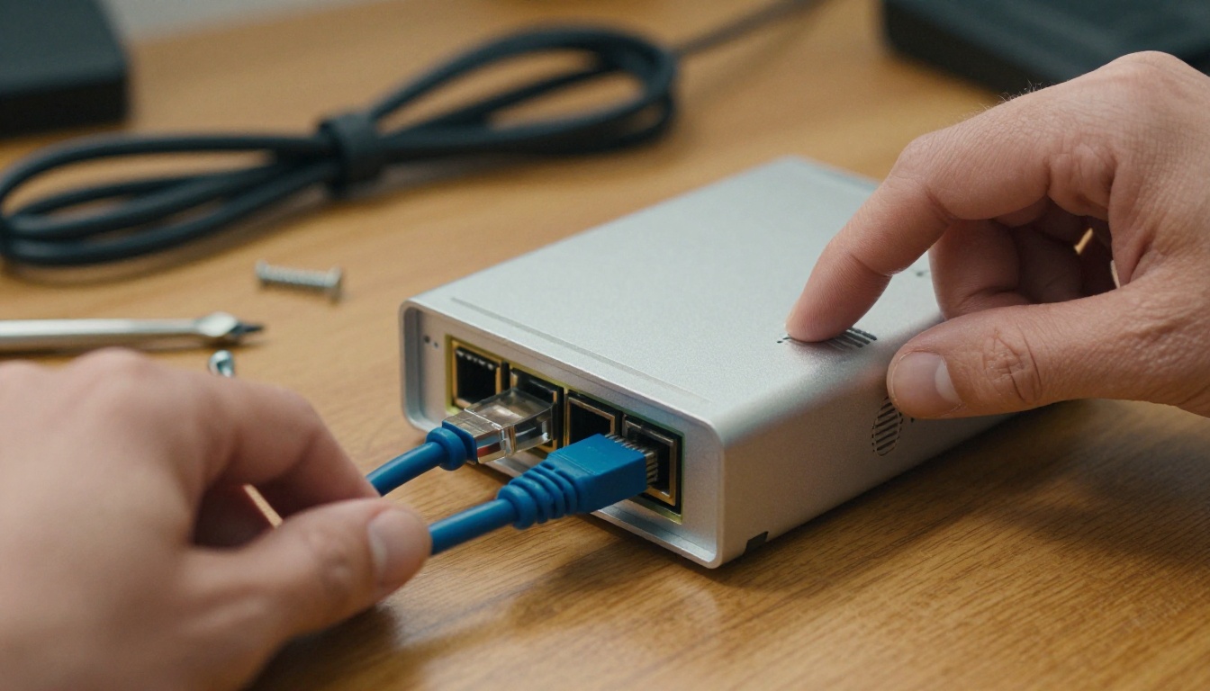 Hands pressing a blue ethernet cable into a small silver mini computer