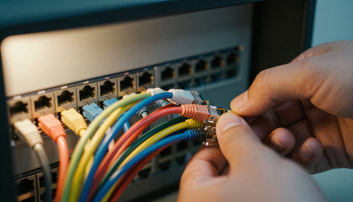 Close-up of a technician's hand plugging a connector into a network patch panel full of colored cables