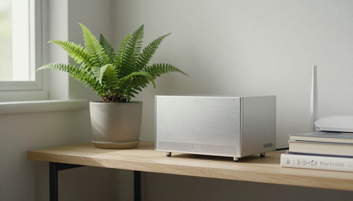 Small silver desktop computer on an oak shelf beside a fern and a white router