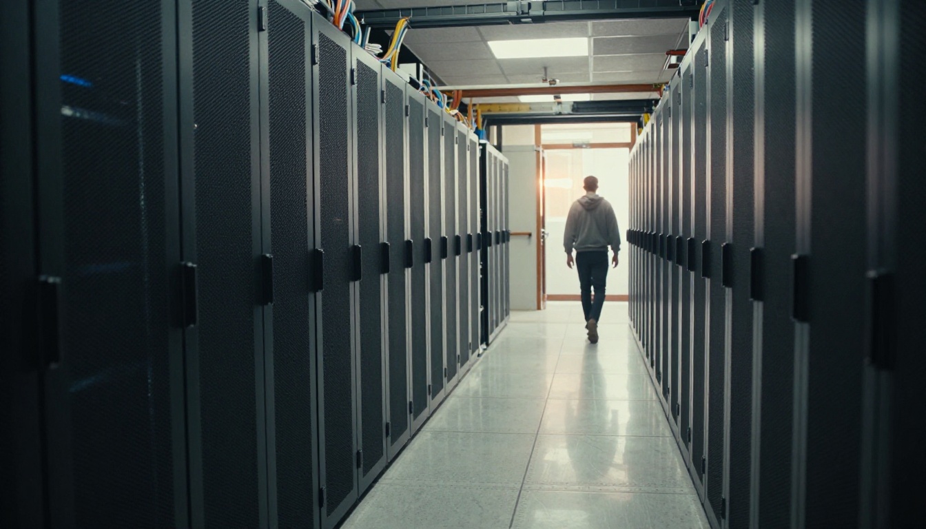 Wide low-angle view down a long aisle of black server racks in a data center