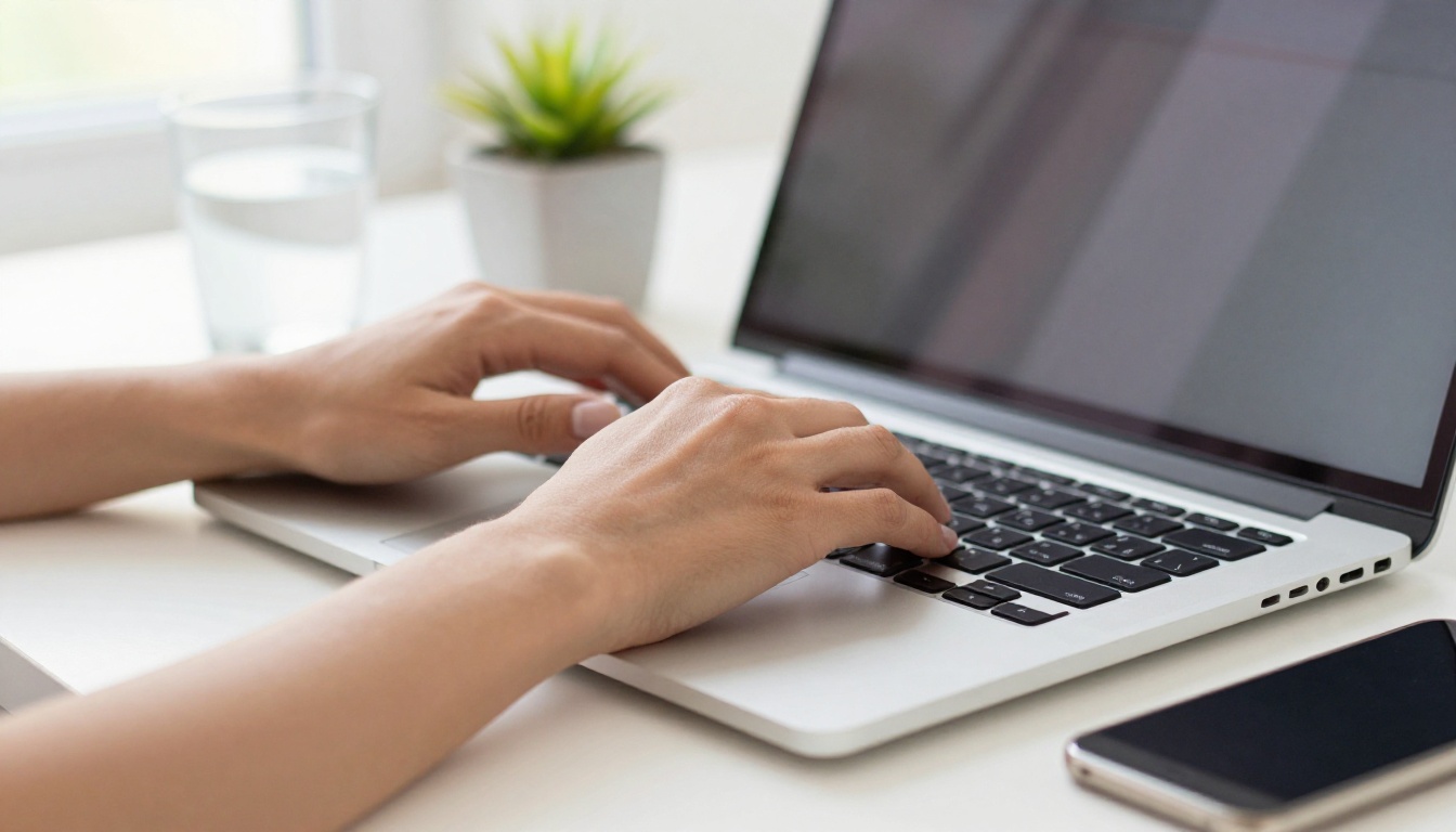 Close-up of a woman's hands typing on a slim laptop at a bright white desk