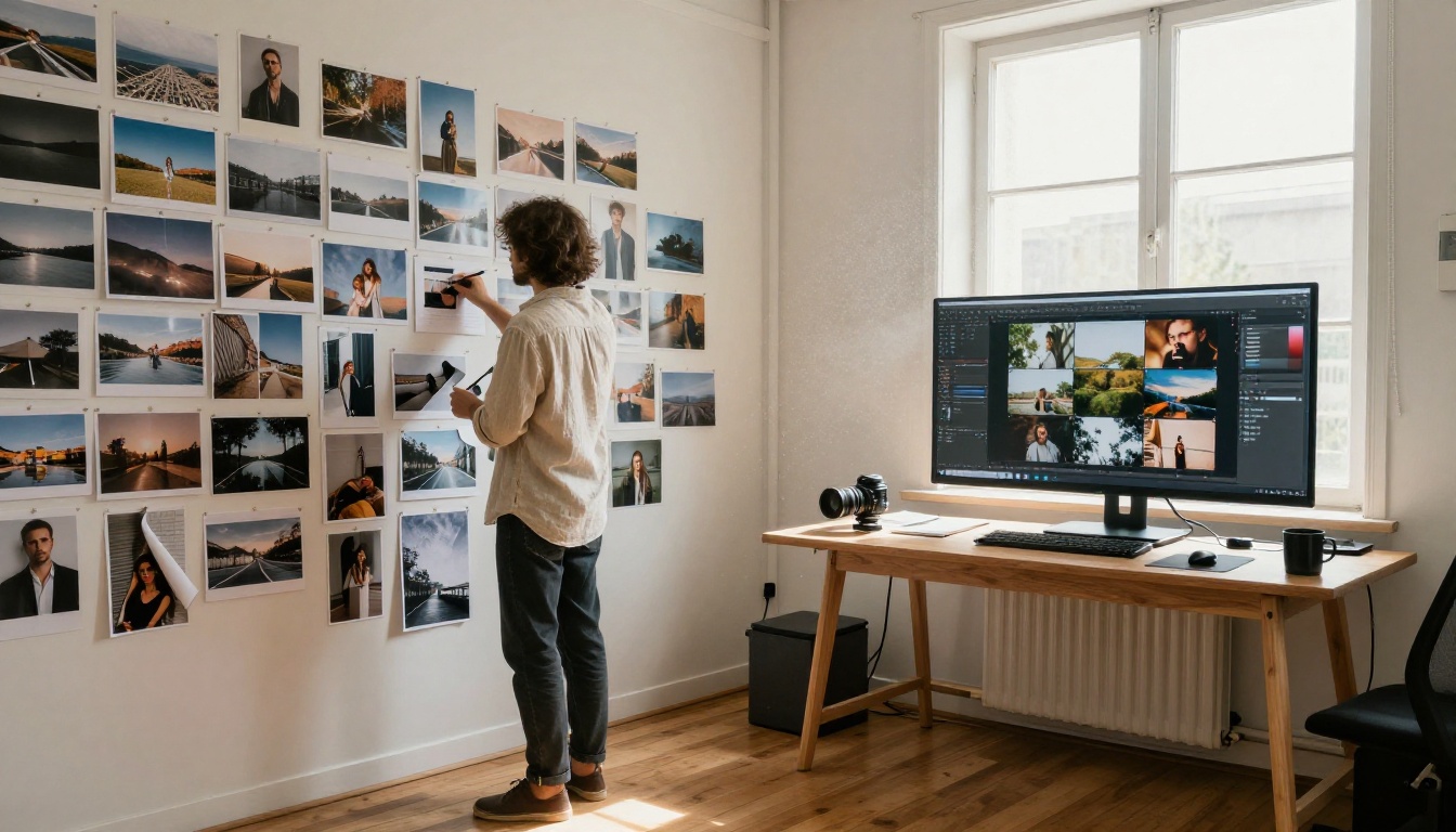 A designer standing before a wall of pinned photographic prints in a bright studio