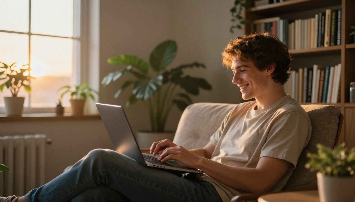 A smiling young man leaning back with a laptop in a golden hour home studio