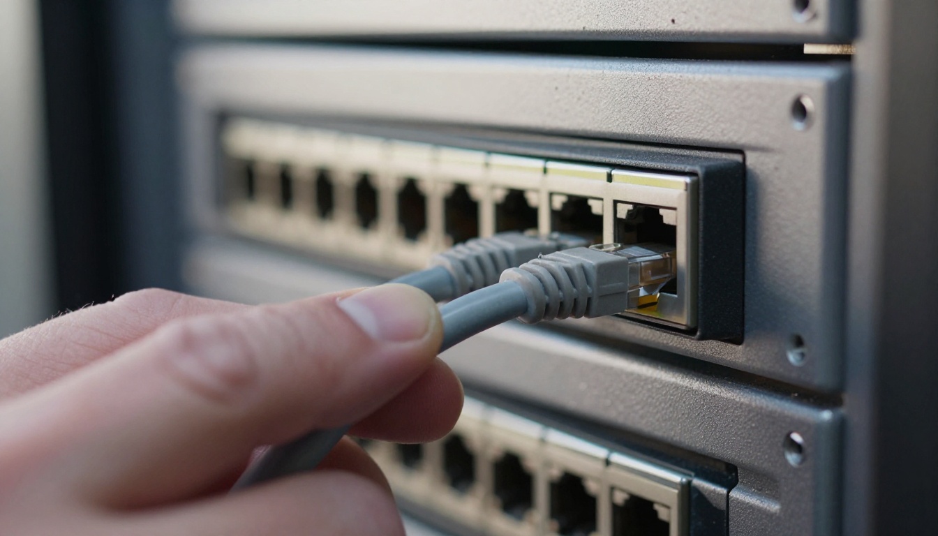 Technician pressing an ethernet cable into a patch panel port