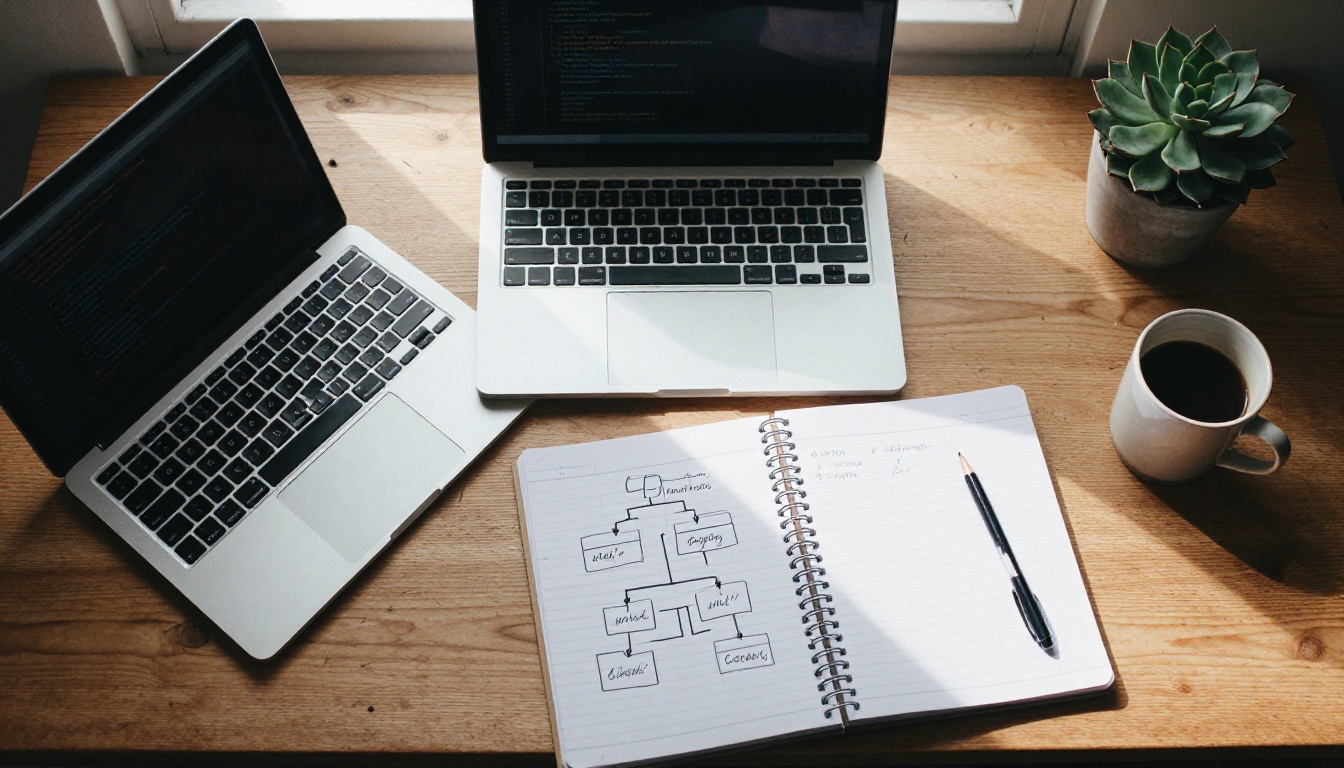 Overhead view of an oak desk with a laptop, notebook and coffee