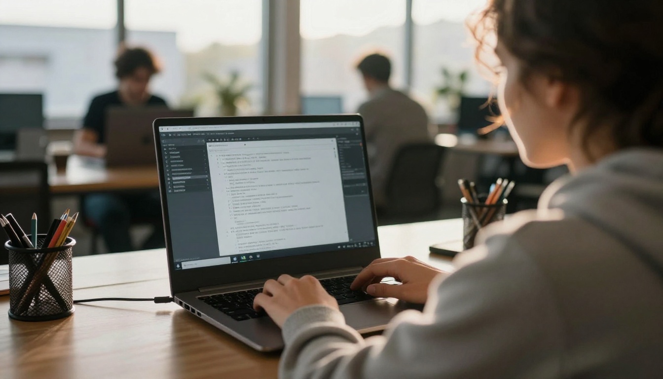 Developer typing on a laptop in a sunlit co-working space