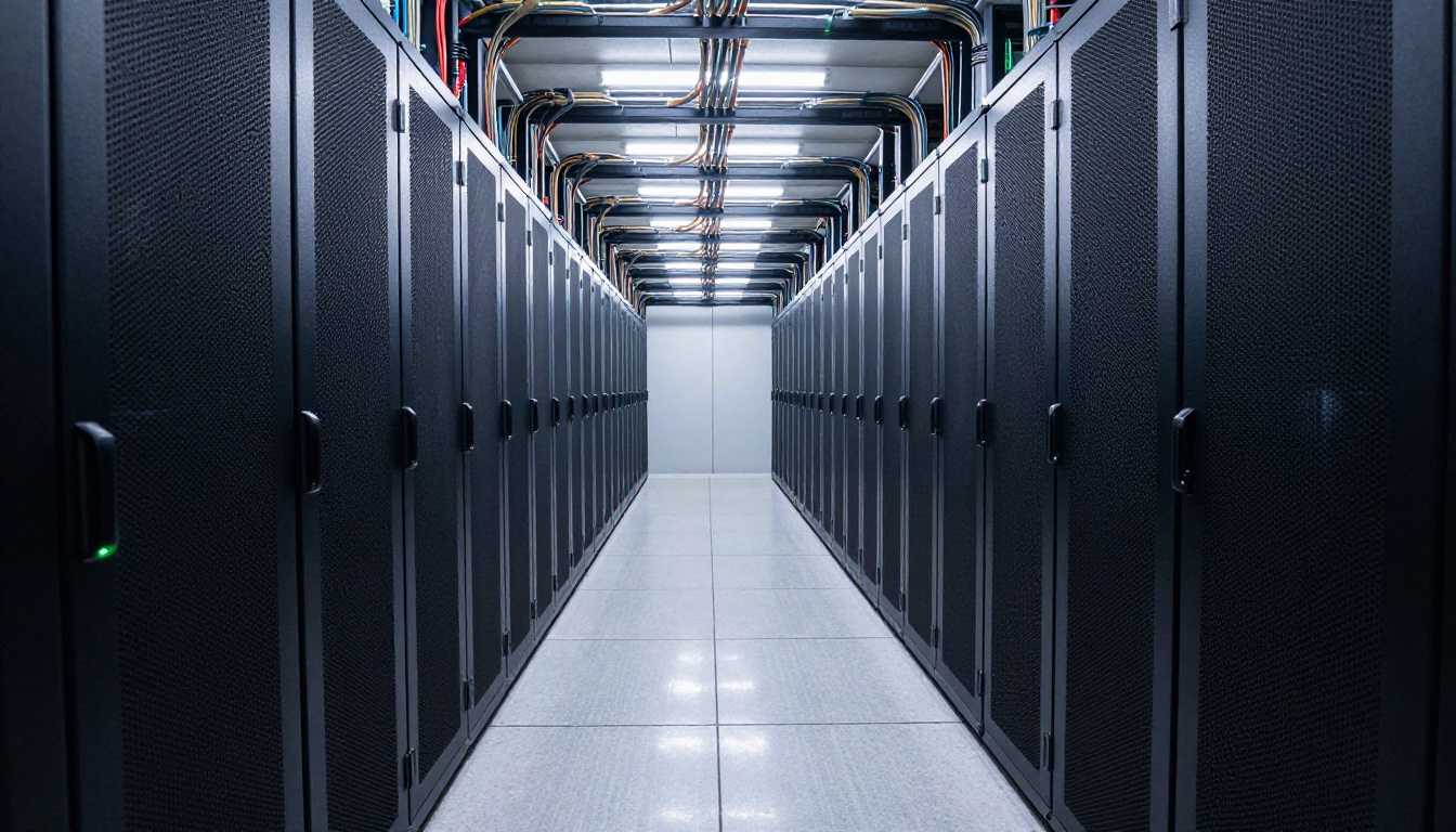 Long aisle of black server racks seen from a low angle