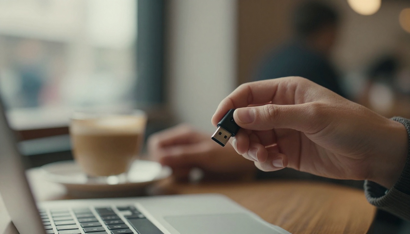 Hands holding a small black USB security token above a laptop