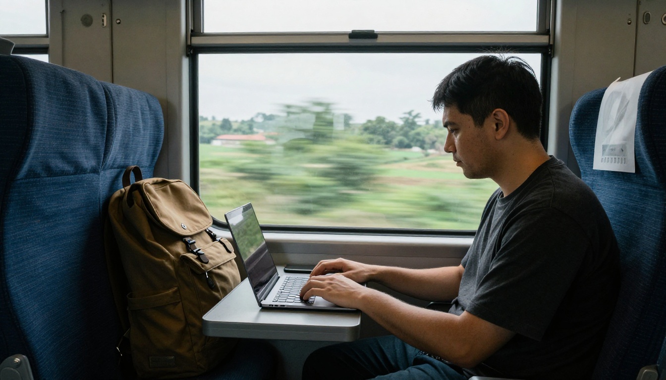 Developer working on a laptop inside a moving train carriage