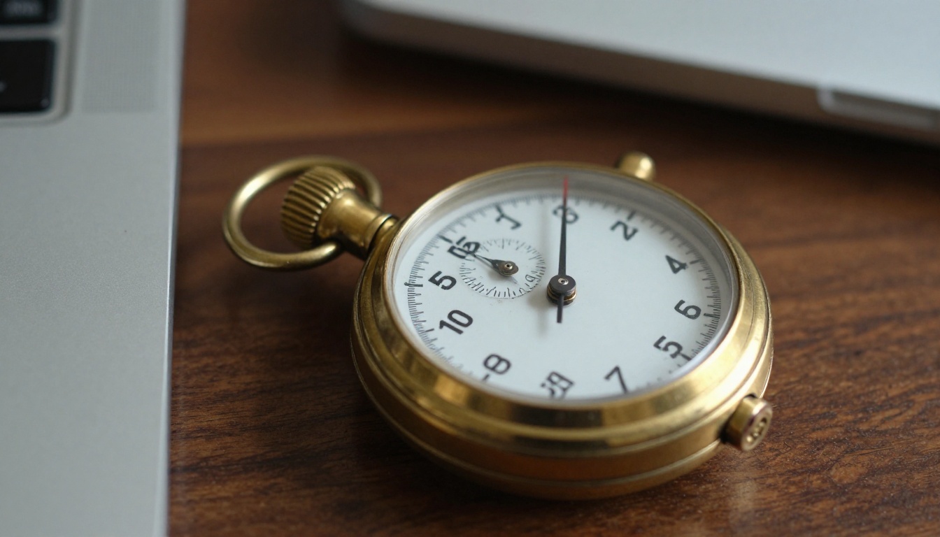 Brass stopwatch resting on a dark walnut desk beside a laptop