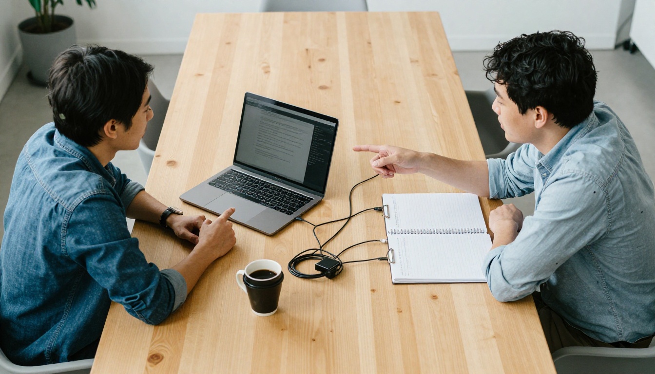 Two colleagues around a wooden table pointing at a laptop screen