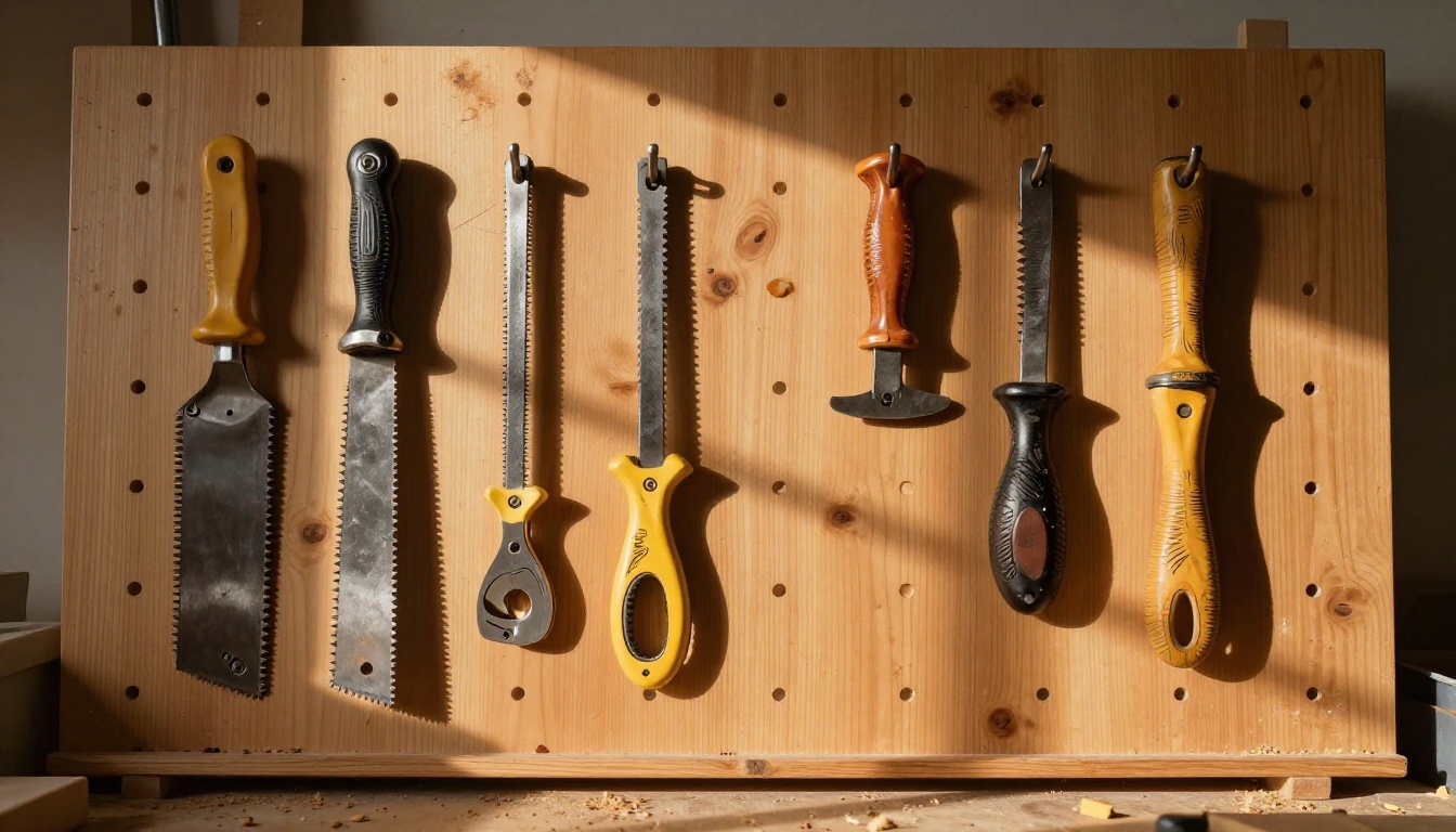 Wooden pegboard with hand tools arranged neatly on hooks