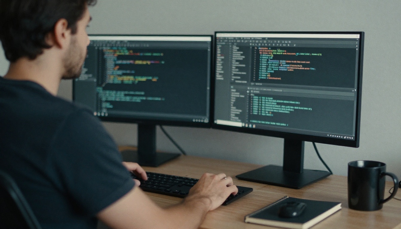 Developer in a charcoal henley at a standing desk with two monitors showing blurred editor panels
