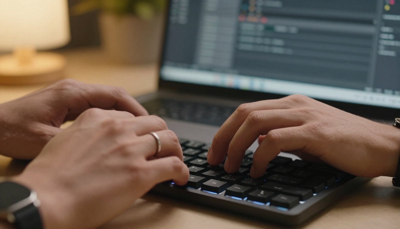 Close-up of hands typing while editing a configuration file on a laptop